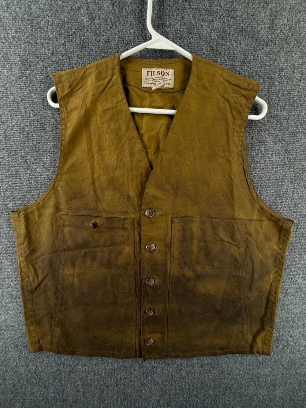 CC Filson Waxed Hunting Blacksmith Vest Darktan USA Large Button Up Lightweight